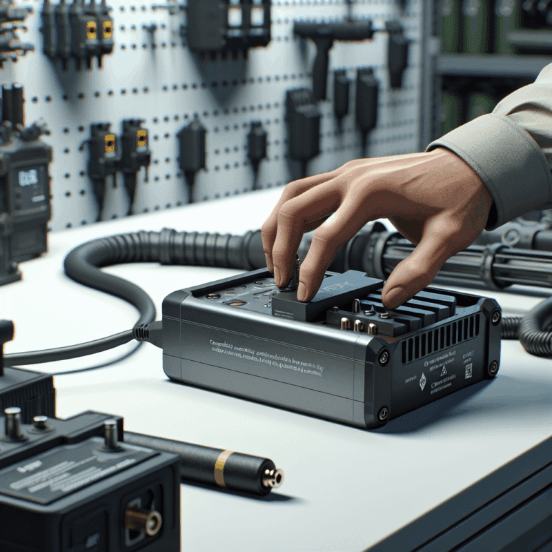 Makita-compatible battery being connected to an advanced charger for tool life extension in a professional workshop setting.