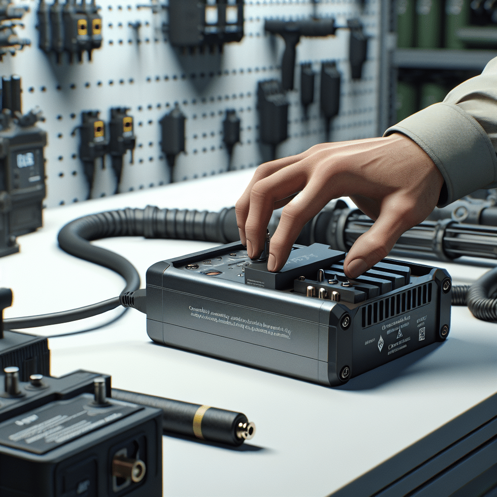 Makita-compatible battery being connected to an advanced charger for tool life extension in a professional workshop setting.
