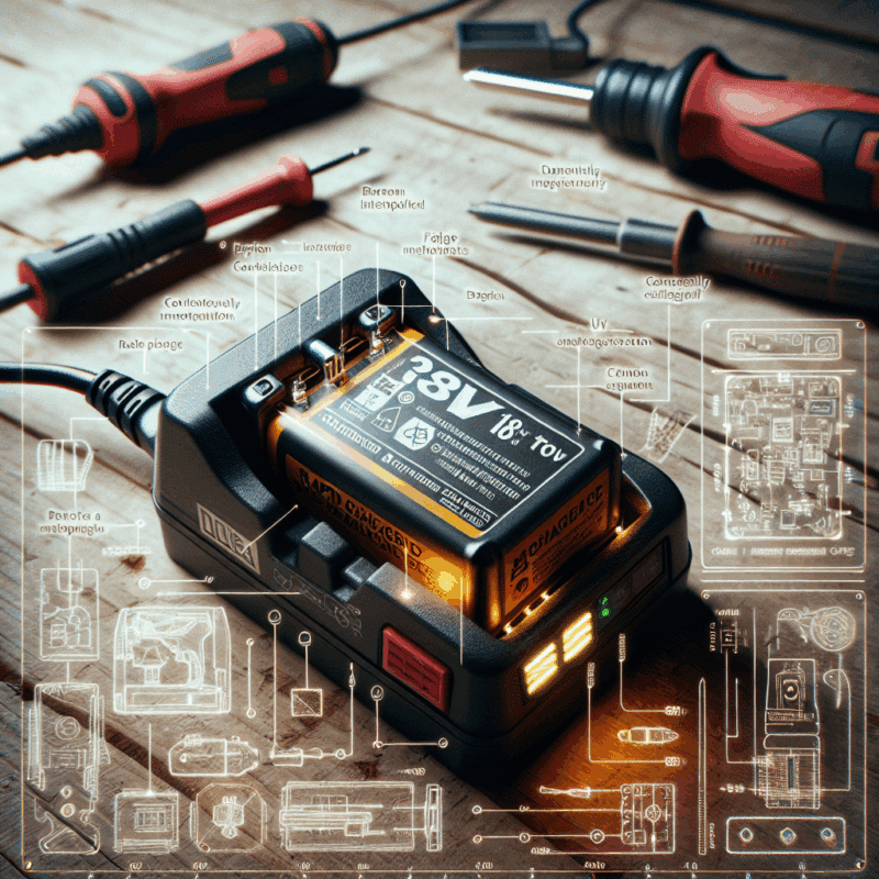 Makita battery on a fast charger surrounded by fading myths and schematic graphics, revealing truth behind Makita fast charging myths.