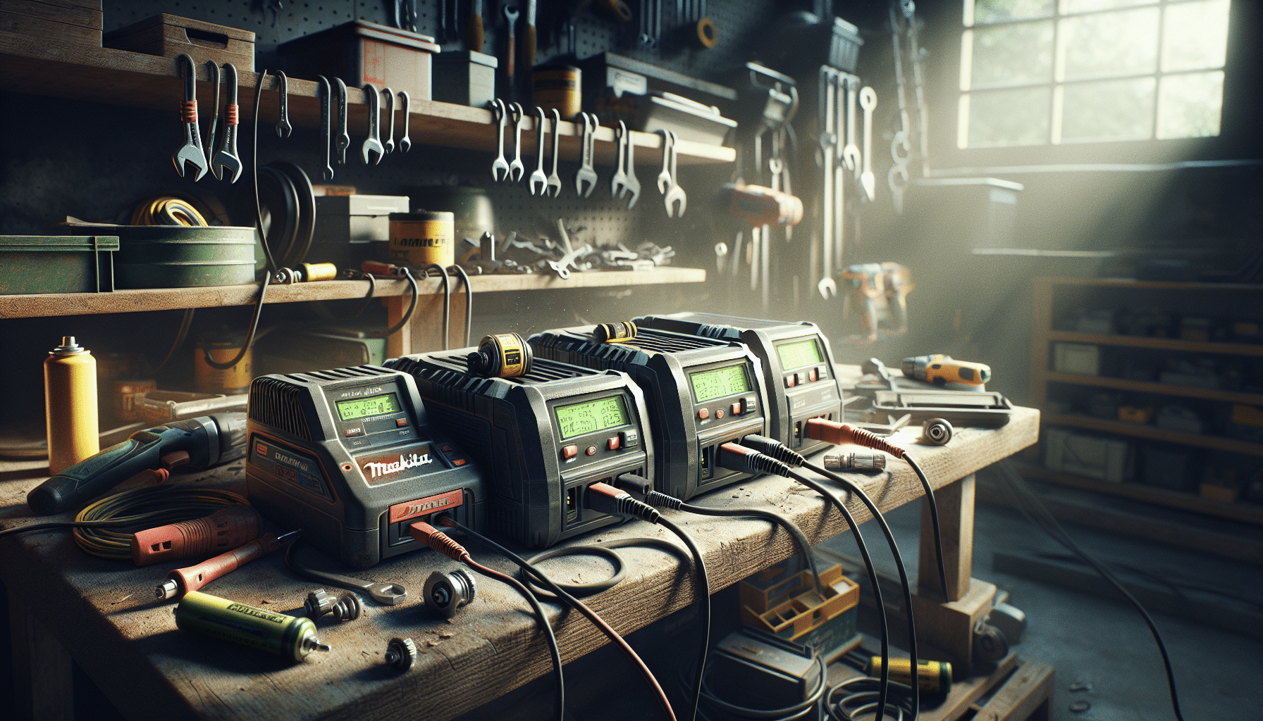 Illustration of common workshop battery charger mistakes — poor connections and unsafe charging areas shown side by side with optimal setup.