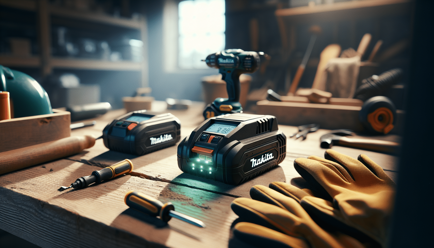 Close-up of a smart charger connected to a Makita-compatible battery showing active safety indicators on a clean workbench.