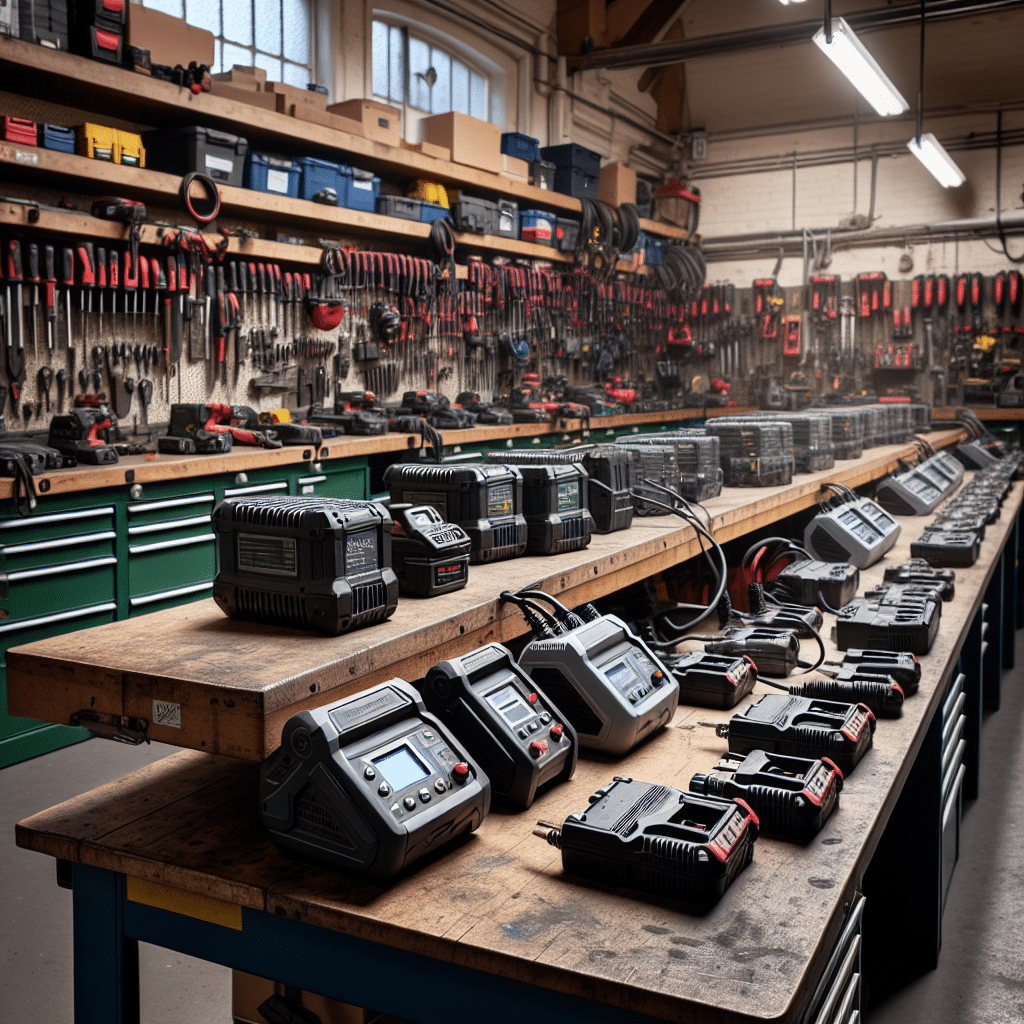 A well-organised active cooling charger workshop featuring modern chargers with cooling fans, set amid workbenches and tools to highlight efficiency.