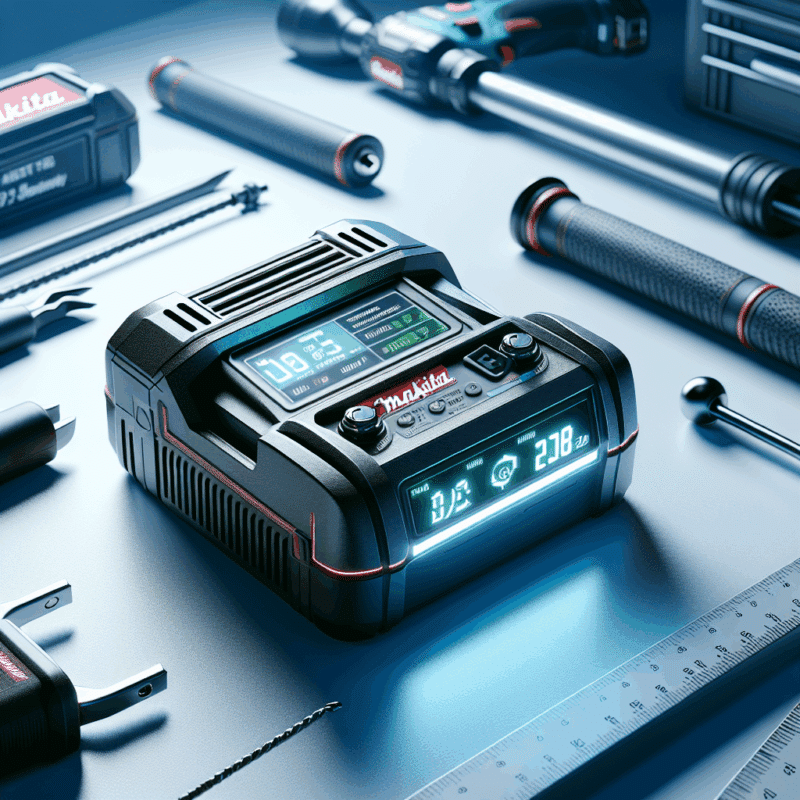 Makita-compatible Torxup VoltGuard charger active on a workshop bench, showing smart safety features and battery protection alerts.