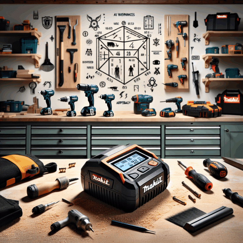 Makita charger LCD display showing voltage and amp data on a workbench with tools, improving charging insights at a glance.