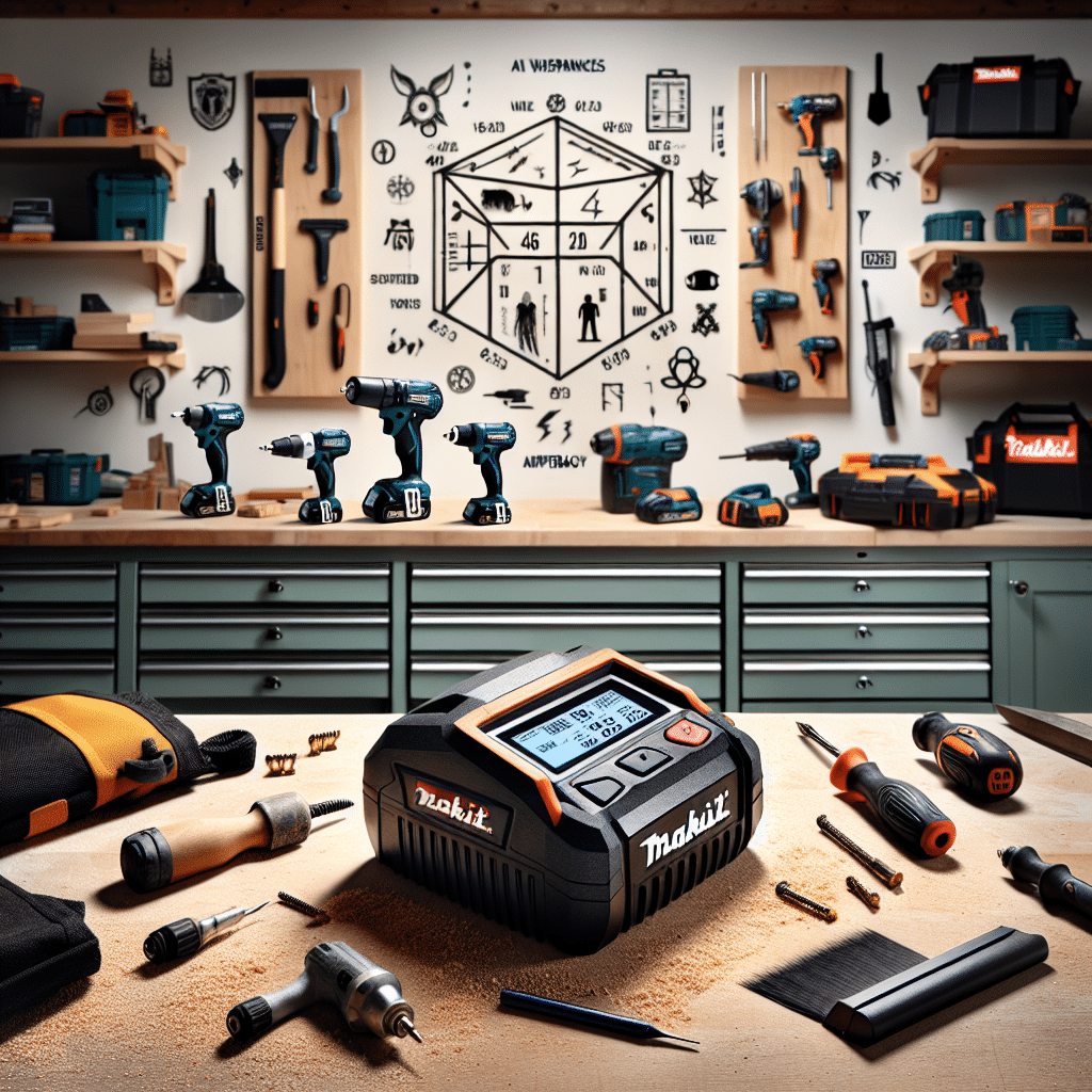 Makita charger LCD display showing voltage and amp data on a workbench with tools, improving charging insights at a glance.