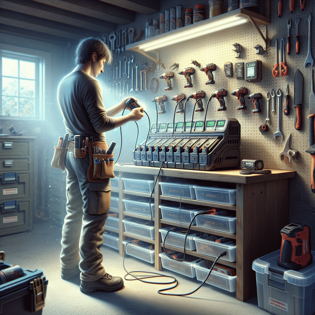 DIY fast charger setup on workshop wall with Makita-compatible batteries in-use and digital charging display visible.