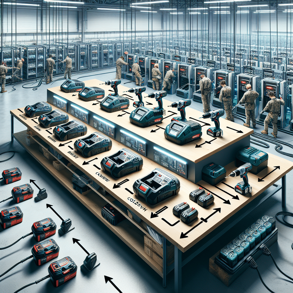 Clean workshop scene showing battery rotation tactics with labeled charging flow using Makita-compatible batteries and tools.