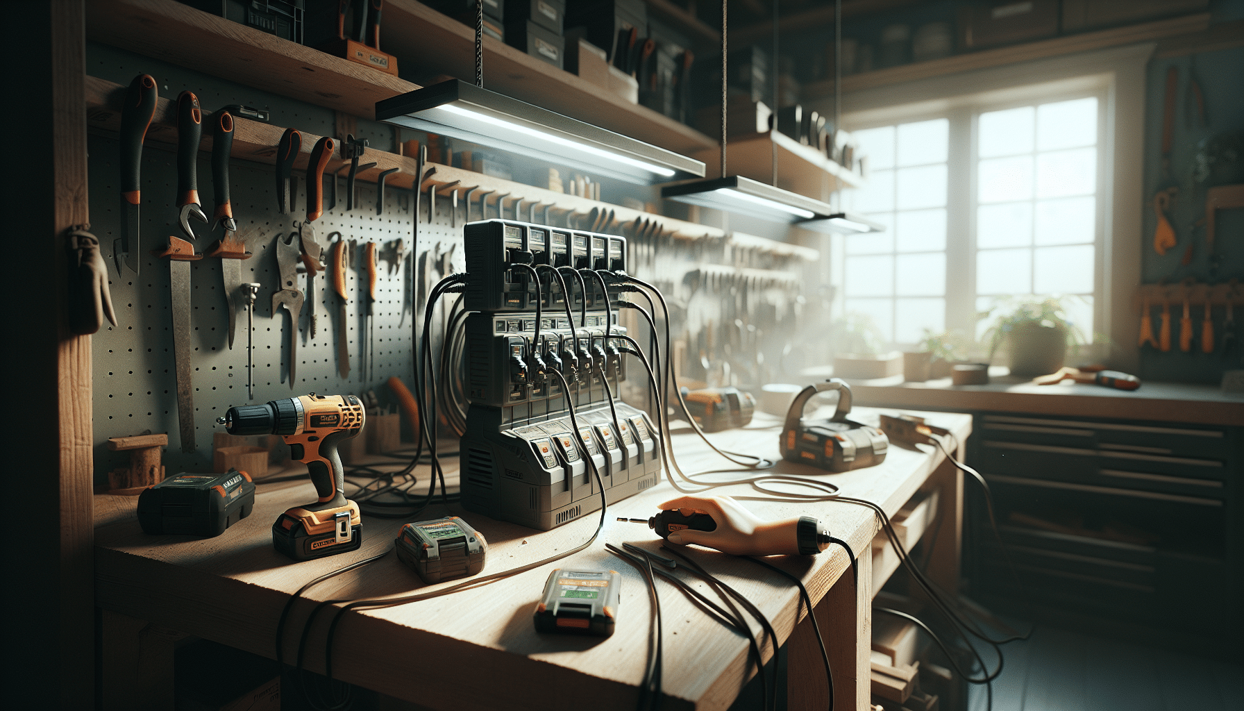 Overhead contractor workbench with multi-bay charger in use, part of a workshop charger buying checklist setup.