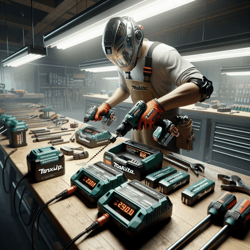 Technician hands swapping Makita-compatible batteries on Torxup rapid chargers in a tidy workshop to reduce tooling costs.