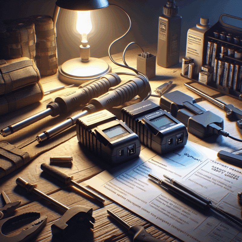 Two battery chargers demonstrated for warranty on third party charger comparison, with visible support details and trade tools nearby.