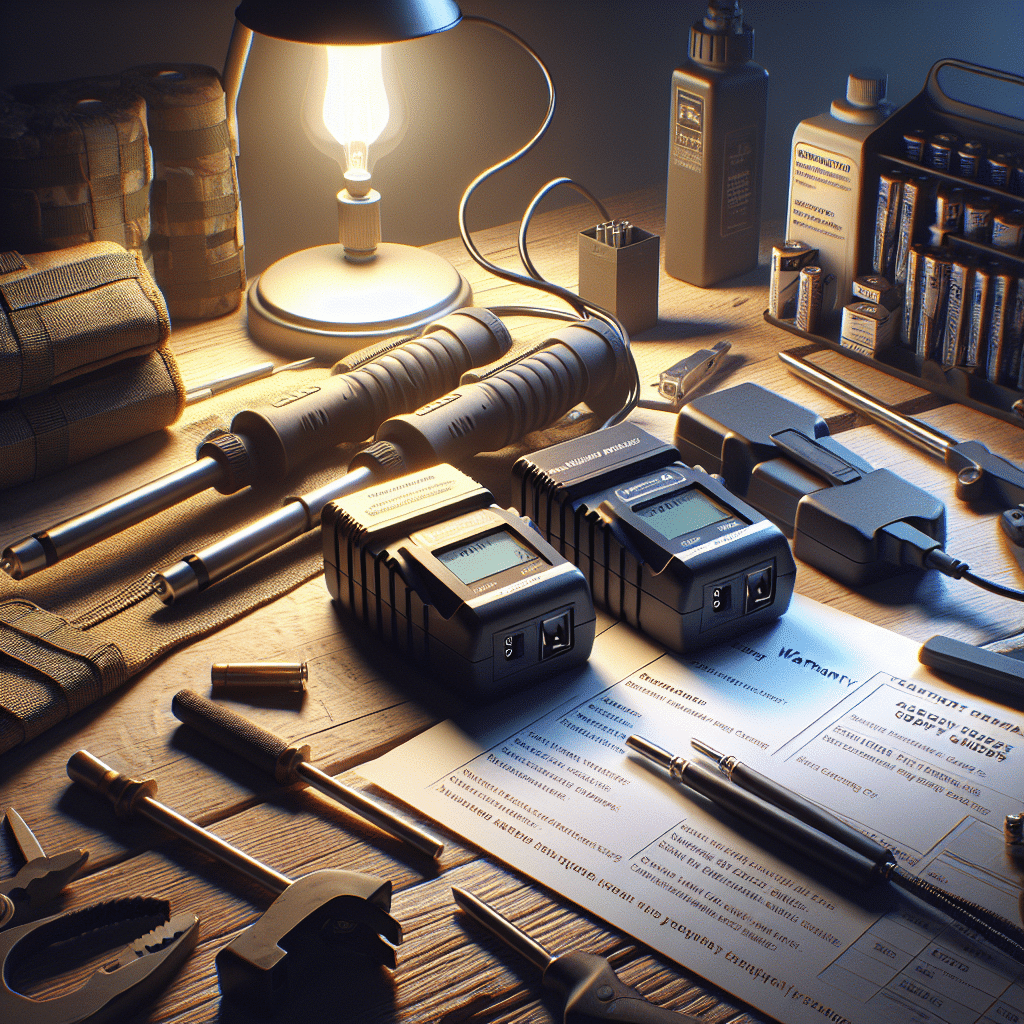 Two battery chargers demonstrated for warranty on third party charger comparison, with visible support details and trade tools nearby.