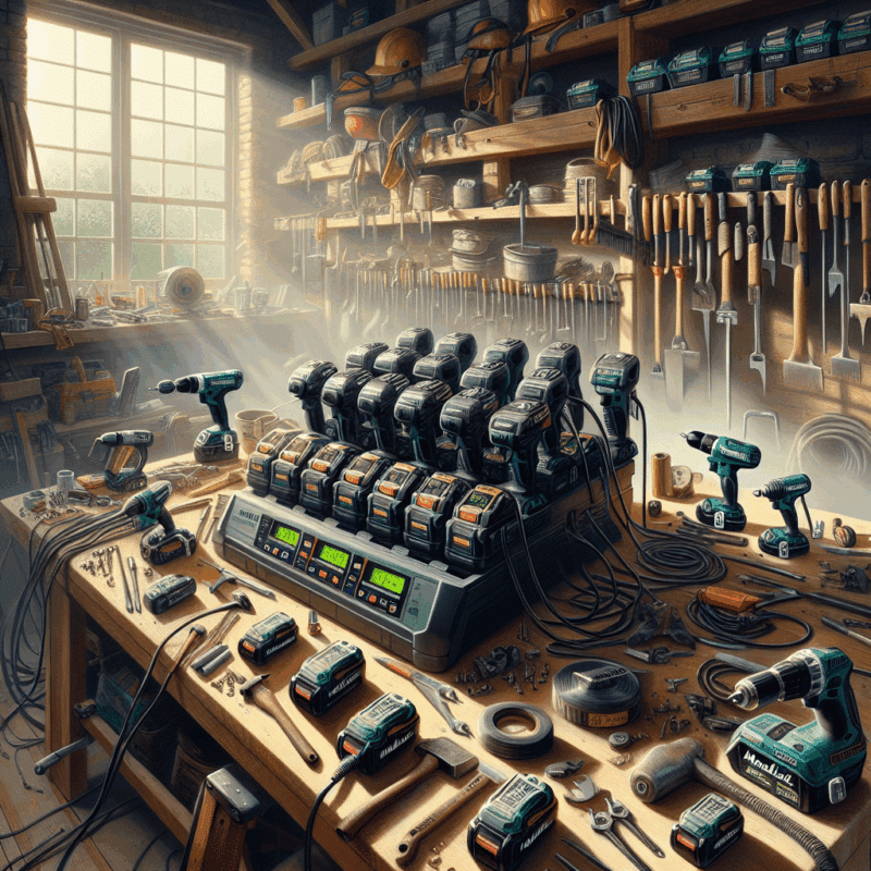 A makita fast charger setup showing the VoltGuard 6500 charging multiple Makita batteries in a clean UK workshop inset with visible indicators.