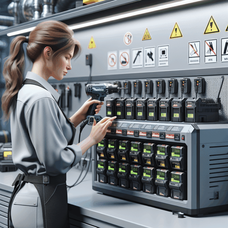 A clean multi-bay charging station with Makita-compatible batteries in a high-volume workshop environment.