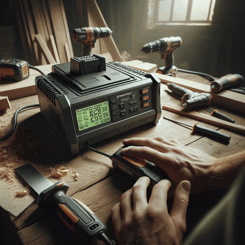 Makita-compatible battery charger showing real-time voltage display on workbench with power tools in use.