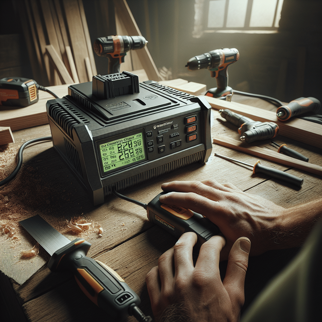 Makita-compatible battery charger showing real-time voltage display on workbench with power tools in use.