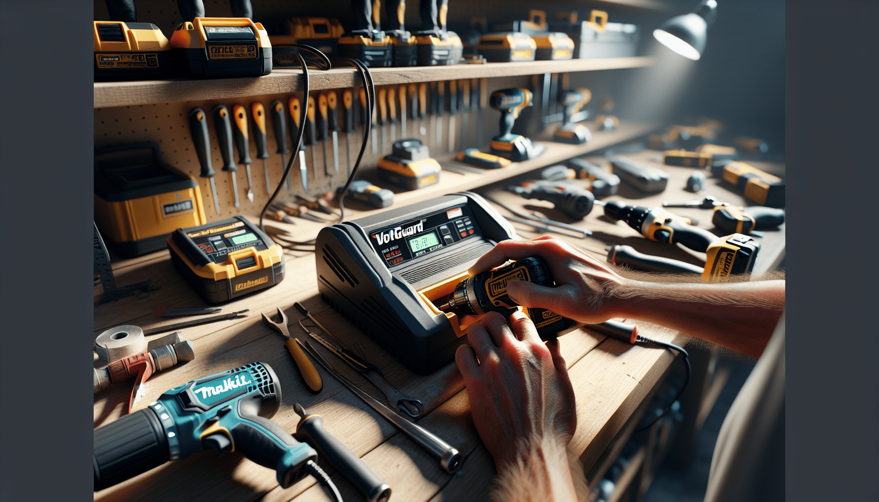 Hands inserting a Makita battery into the VoltGuard 6500 while other batteries charge beside it in a well-lit workshop.