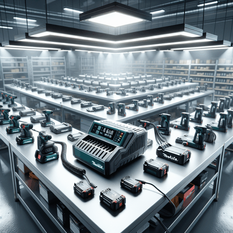 Makita-compatible site charger setup in a clean workshop environment with organized batteries and cables.