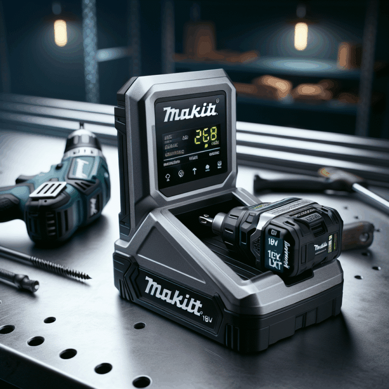 A smart LCD charger Makita connected to a battery, showing real-time charge status on a metallic workbench near a power tool.