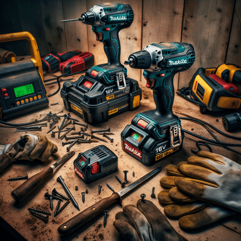 Two Makita 18V batteries charging side by side with OEM Makita charger and VoltGuard 6500 on a dusty UK jobsite bench, highlighting performance.