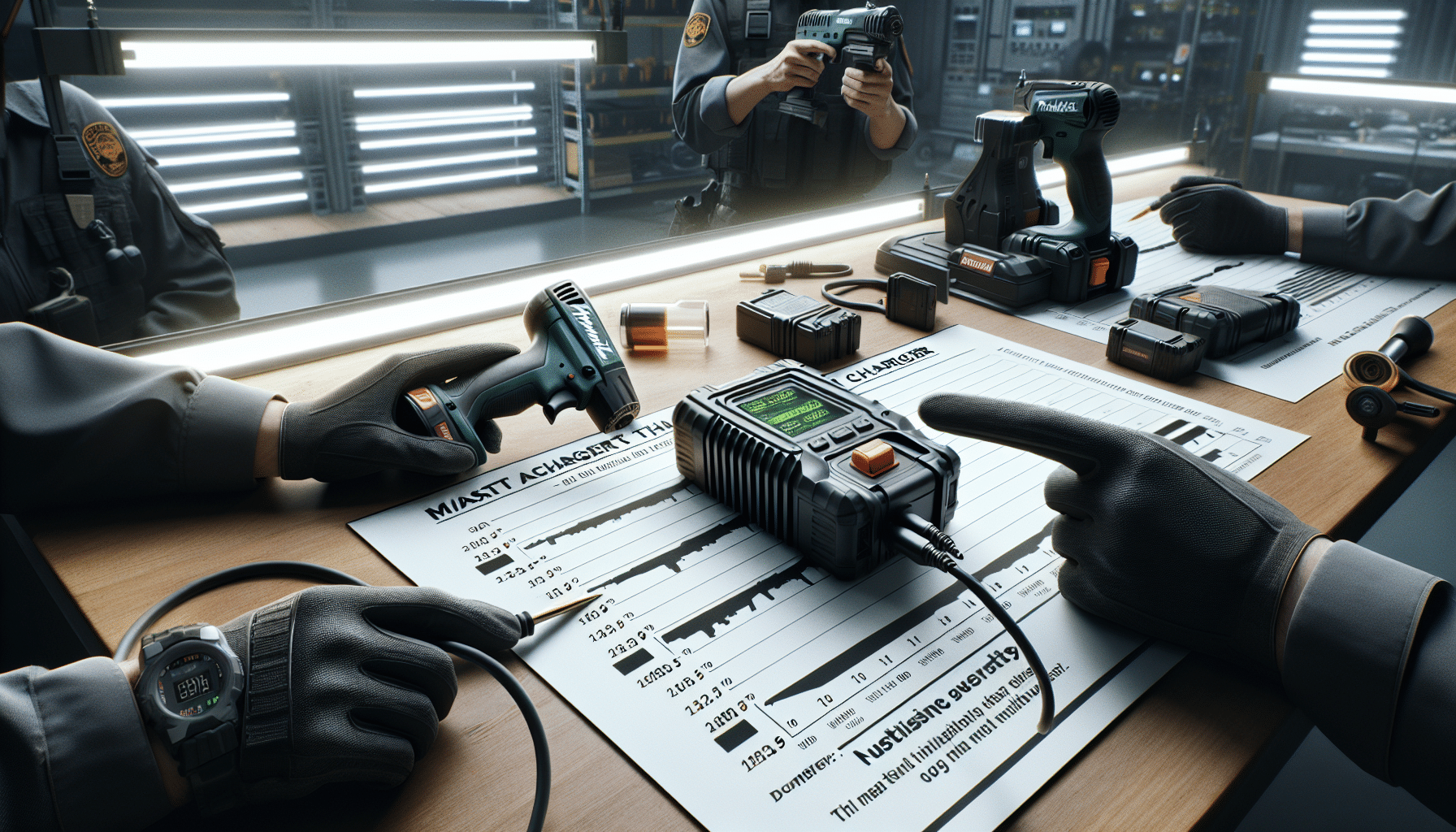 Comparing claimed vs true Makita charger speeds using a printed chart in a hands-on tool test environment.