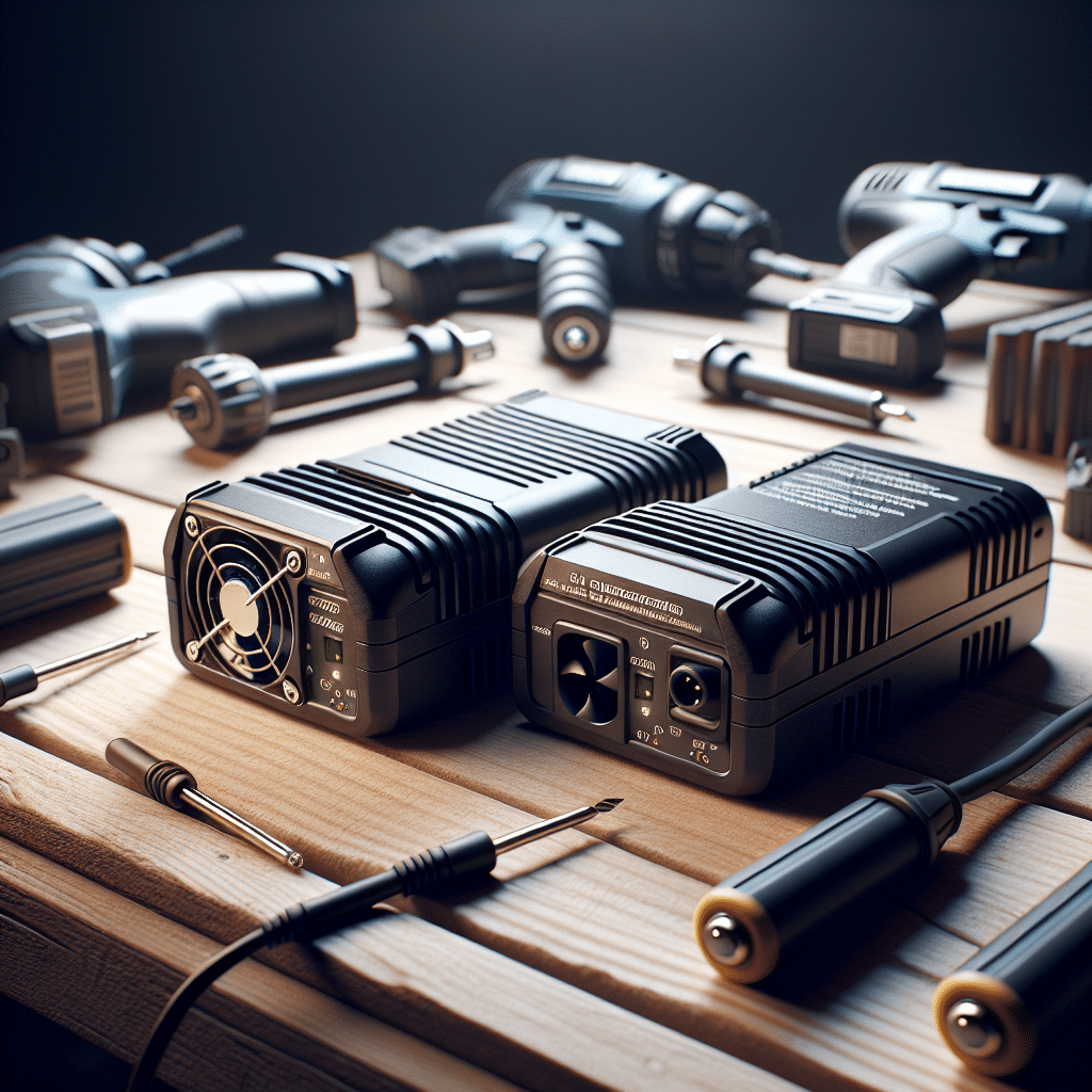 Comparison of Makita charger cooling methods showing passive vents versus internal cooling fan with airflow indicators on a workbench.