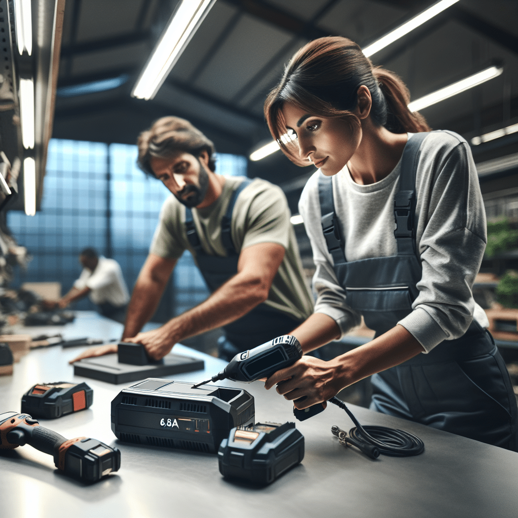 Two tradespeople using a 6.5A charger in a clean professional workshop setting with tools and battery setup visible.