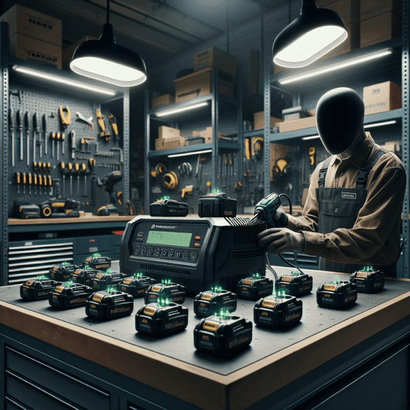 VoltGuard 6500 charging Makita 18V batteries on a workshop bench with LED indicators and technician interaction.