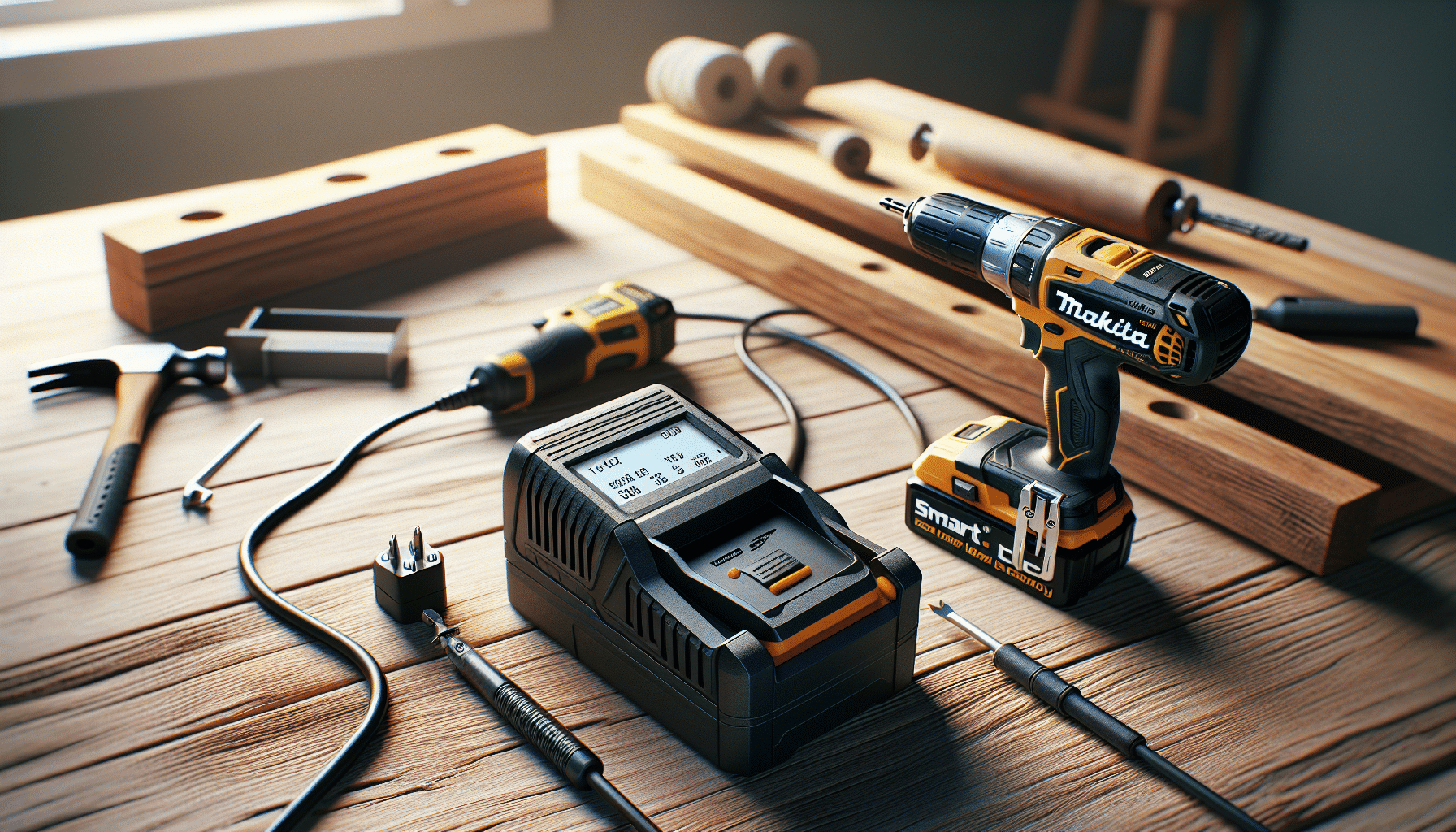 LCD charger for Makita battery showing data while connected near cordless power tool on wooden workbench.