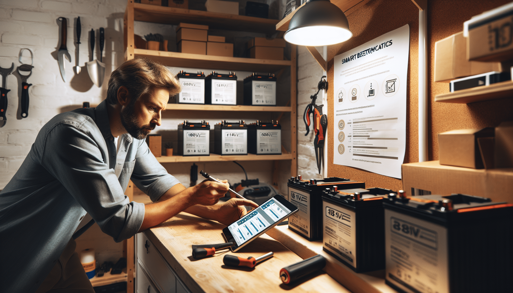 Workstation with charging Makita batteries and visual battery care guide, supporting debunking myths concept.