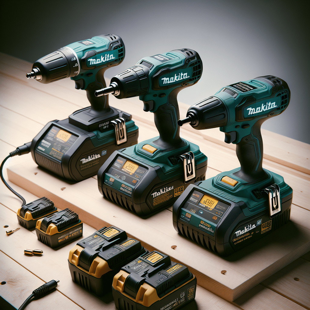 Makita charger comparison photo of 18V LXT DC18RC, DC18SD, and third-party model on bench with batteries.