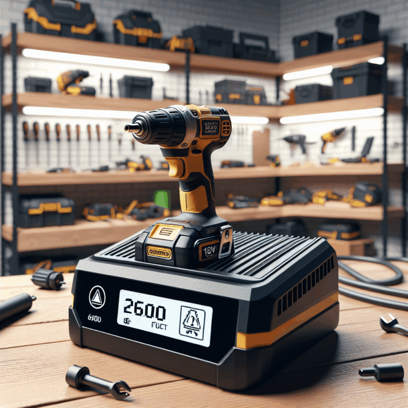 Torxup VoltGuard 6500 charger displaying a fault detection warning while connected to a Makita battery in a workbench setting.