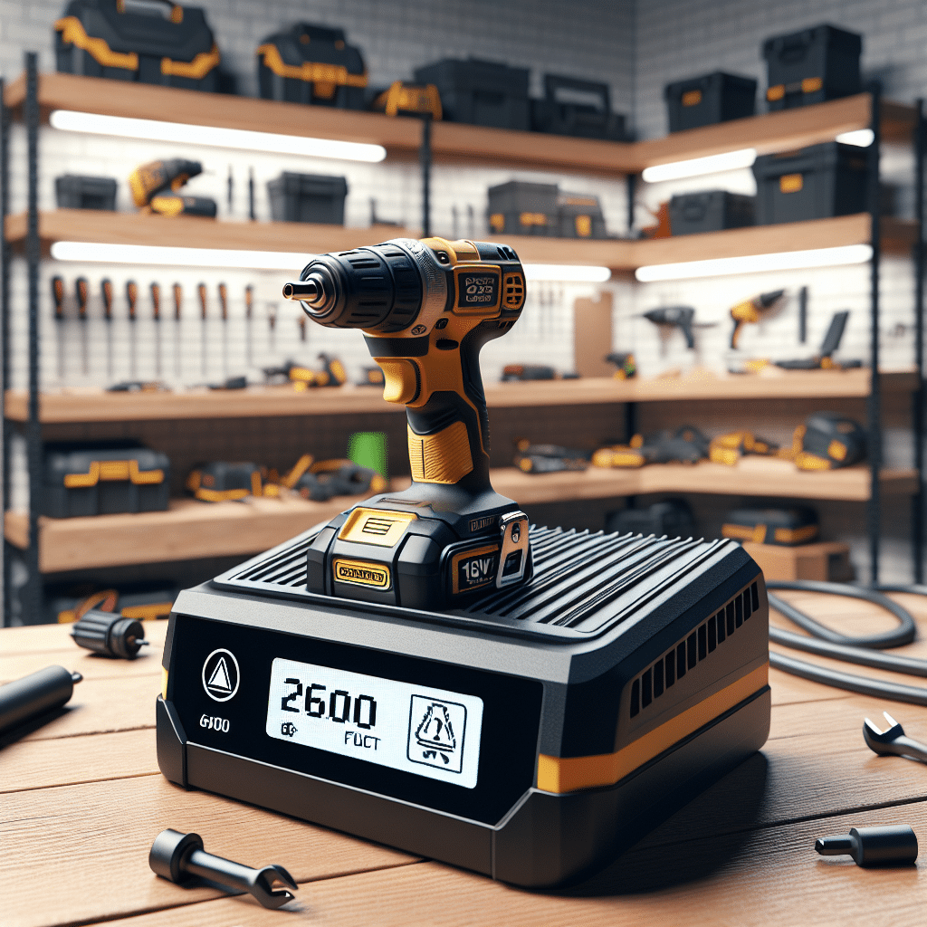 Torxup VoltGuard 6500 charger displaying a fault detection warning while connected to a Makita battery in a workbench setting.