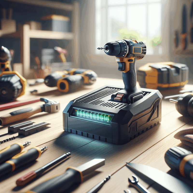 Close-up of pro tools chargers neatly arranged on a workbench with LED indicators glowing, surrounded by workshop tools.