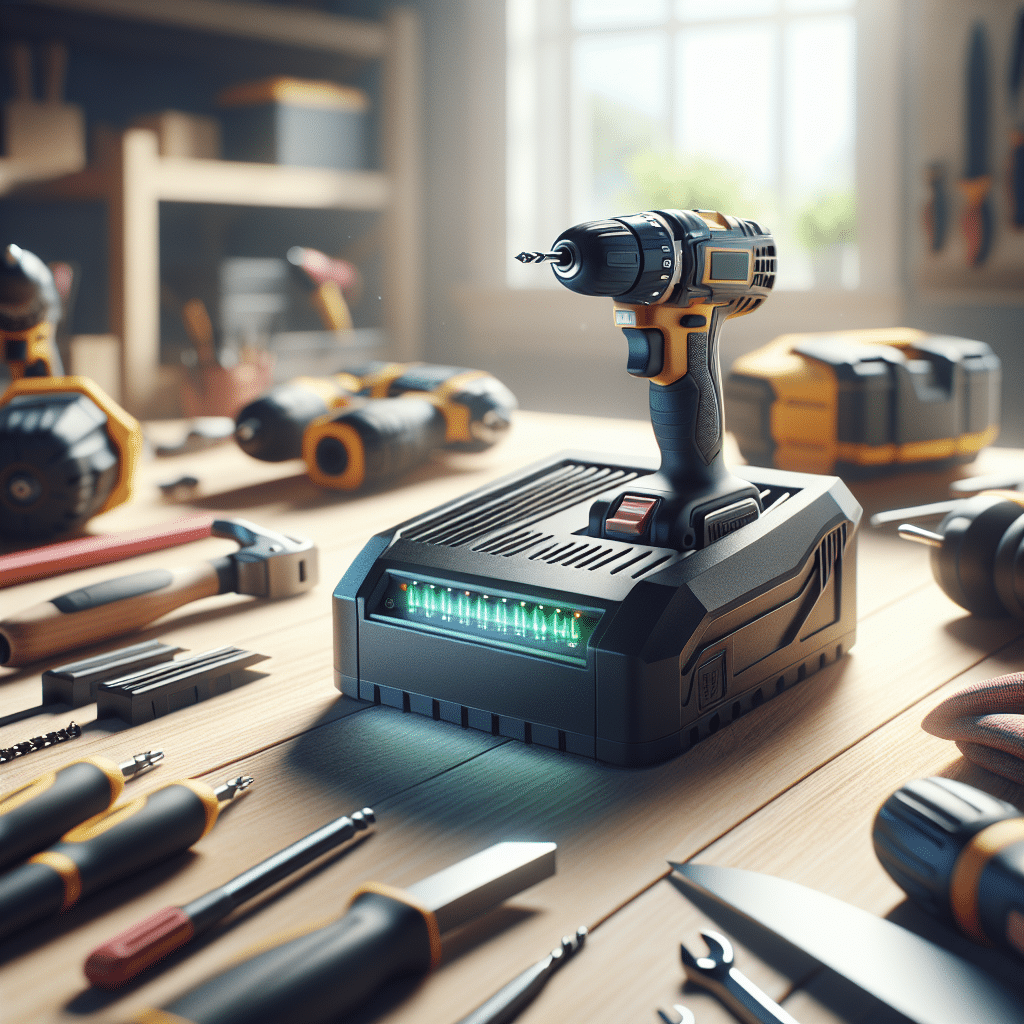 Close-up of pro tools chargers neatly arranged on a workbench with LED indicators glowing, surrounded by workshop tools.