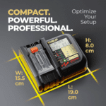 The Torxup VoltGuard 6500 rapid charger shown with its compact dimensions, designed for professional workshop setups and mobile service vans.