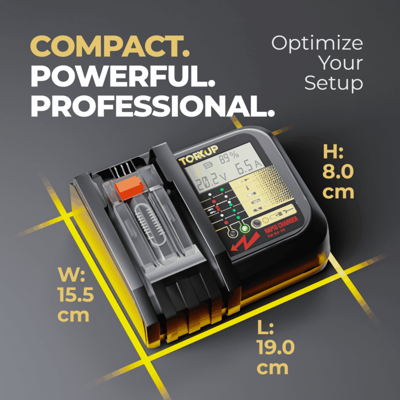 The Torxup VoltGuard 6500 rapid charger shown with its compact dimensions, designed for professional workshop setups and mobile service vans.