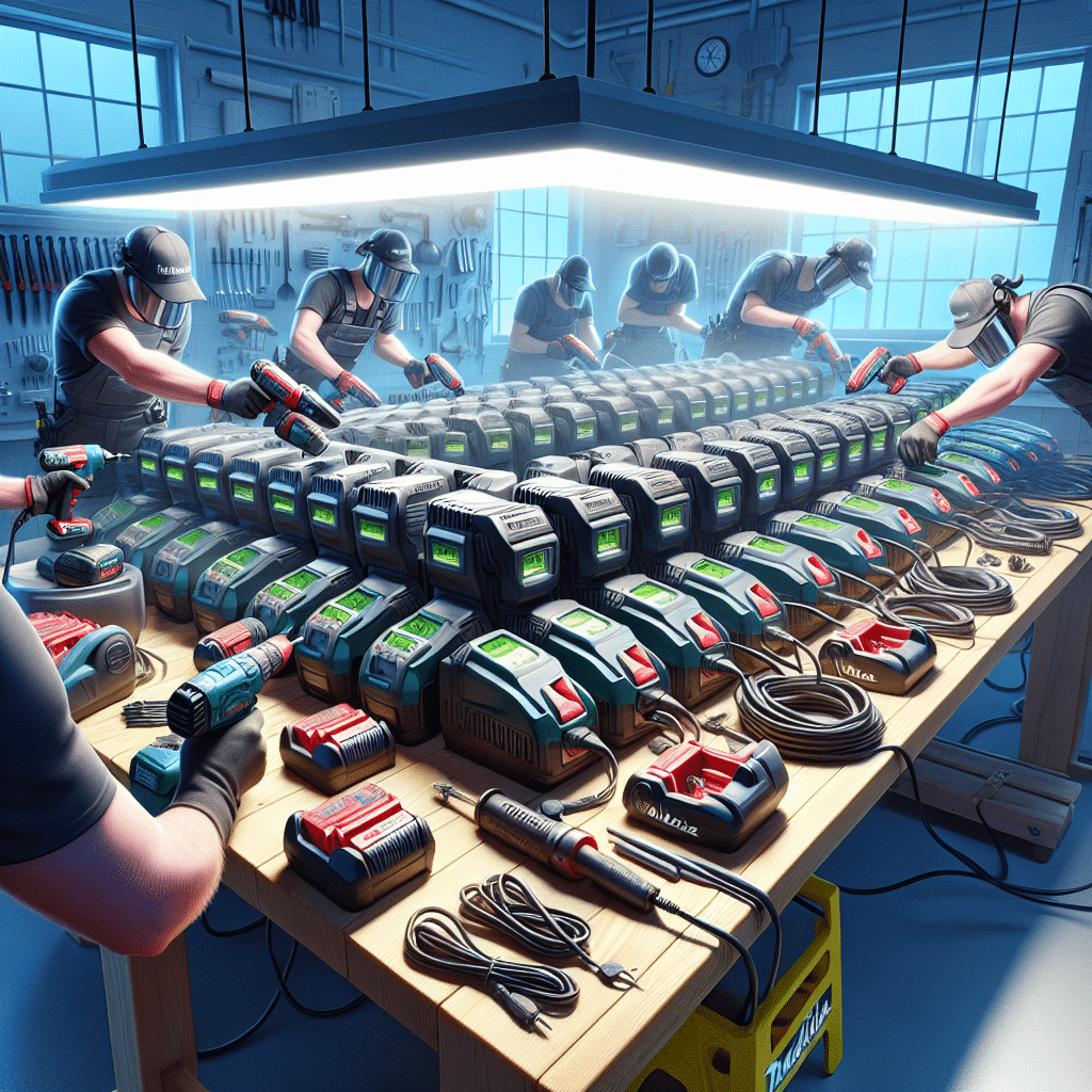 A professional rapid charging setup with Makita-compatible chargers neatly spaced across a workshop bench to ensure safety and airflow.
