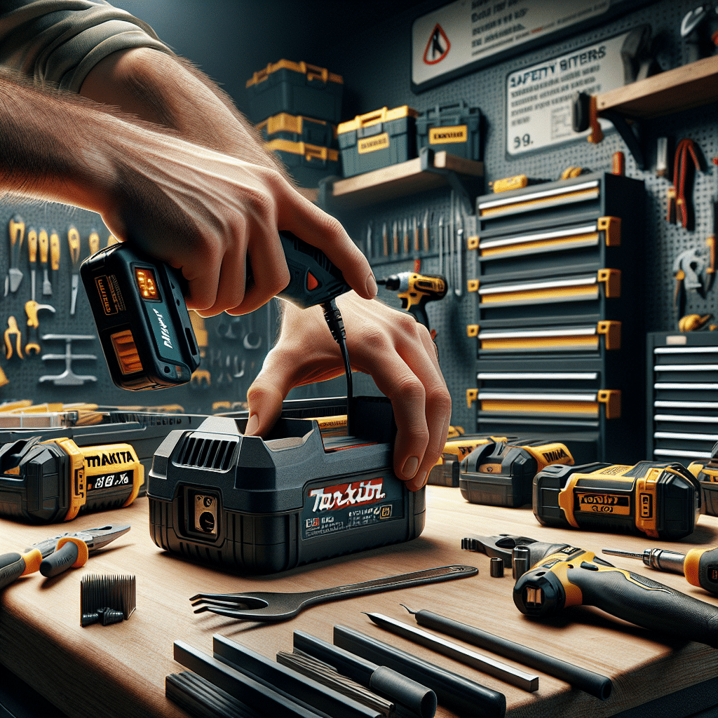 Hands switching from a Makita charger to a VoltGuard unit on a clean workbench with 18V LXT batteries, demonstrating VoltGuard compatibility.