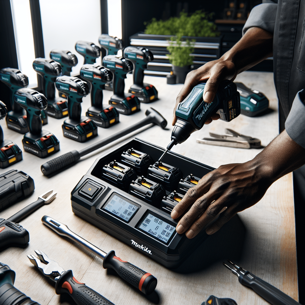 Makita battery charging setup with multiple battery sizes on a smart multi-bay fast charger in a pro workshop.