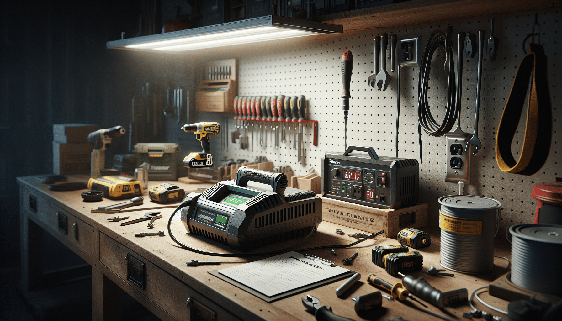 VoltGuard 6500 in use charging a Makita 18V LXT battery on a workshop bench, illustrating real-world compatibility and efficiency.