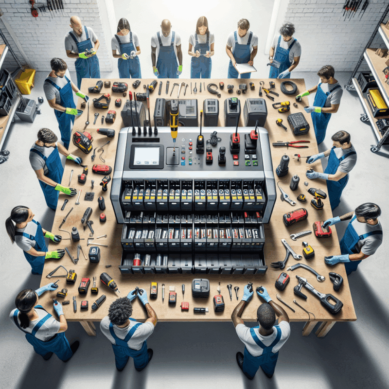 A multi-bay charger set up in a professional workshop, actively charging Makita-compatible batteries for team use.