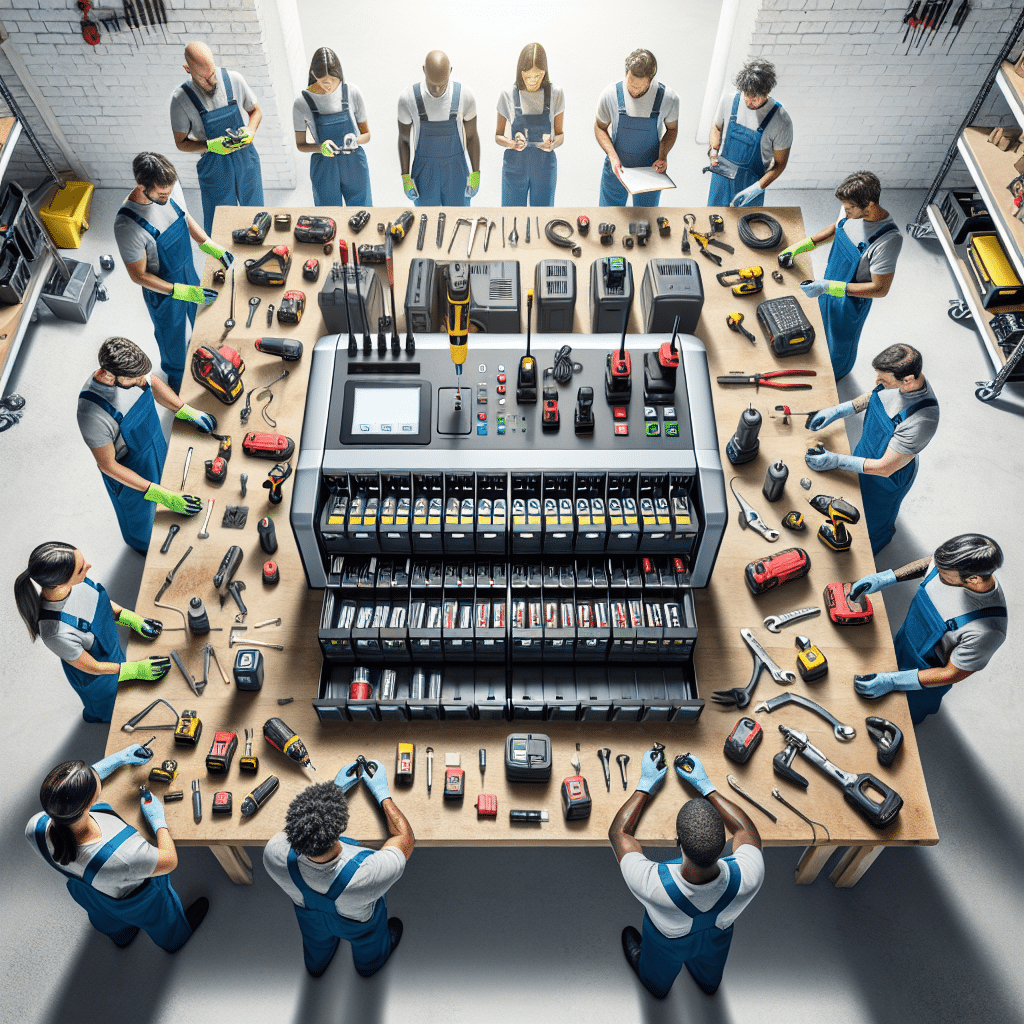 A multi-bay charger set up in a professional workshop, actively charging Makita-compatible batteries for team use.